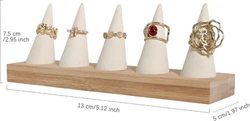 Vista 5 de GemeShou Soporte de anillo de madera beige, soporte de anillo de terciopelo para joyas, soporte de exhibición de anillo lindo para vender, soporte