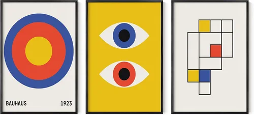 Vista 20 de HAUS AND HUES - Arte de póster Bauhaus - Juego de 3 arte de pared abstracto moderno, pósteres vintage e impresiones, arte de pared azul y amarillo