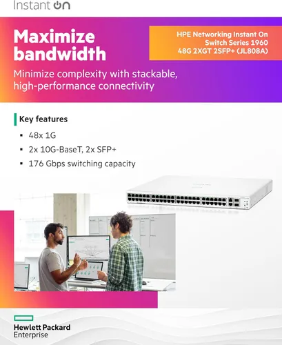 Vista 5 de Aruba Instant On 1960 Switch Inteligente de 48 Puertos Gb-48x 1G 2X SFP+ 2x10GBase-T (JL808A#ABA)