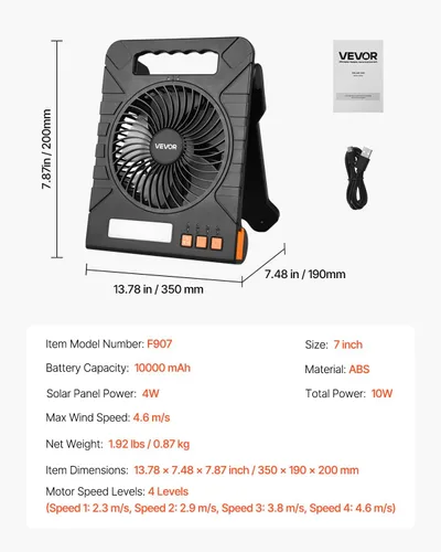 Vista 7 de VEVOR Ventilador solar recargable de 10000 mAh con linterna LED, ventilador portátil de 7 pulgadas inalámbrico con panel solar plegable de 4 W, 4