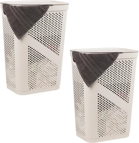 Vista 10 de Mind Reader Cesto delgado para ropa sucia con tapa, 60 L, diseño cónico para baños, armarios, plástico, juego de 2, color negro