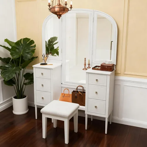 Vista 8 de Juego de escritorio de tocador de 35.5 pulgadas con taburete, escritorio de maquillaje con espejo reversible, tocador con 5 cajones para dormitorio