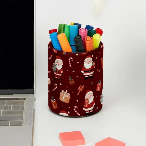 Vista 5 de Taza de PVC para escritorio, bastones de caramelo de Papá Noel rojo para organizador de bolígrafos de escritorio, soporte para brochas de maquillaje