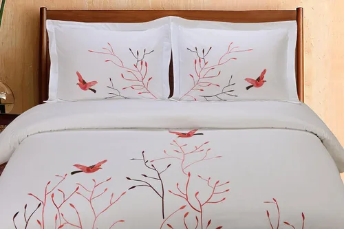 Vista 2 de Superior Swallow - Juego de funda de edredón de algodón de 200 hilos, funda de edredón, artículos esenciales para cama, árbol bordado - pájaros