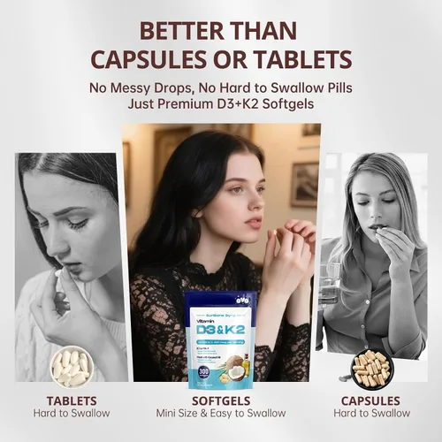 Vista 9 de 300 Piezas 2 en 1 Vitamina D3 10000 iu Plus K2 (MK-7) 200 mcg Cápsulas Blandas de Aceite de Coco Virgen con Vitaminas D y K Apoya la Absorción