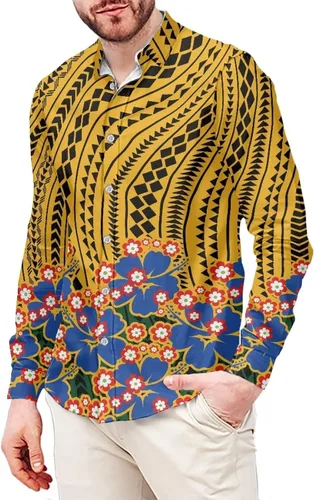 Vista 5 de Camisa polinesia con botones para hombre, Aloha Samoan, patrón tradicional, manga larga, camisa hawaiana para hombre, talla grande, casual