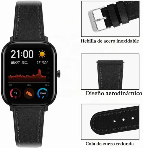 Vista 2 de FitTurn Correa de reloj de cuero compatible con Cubitt CT4/CT2 Pro GPS, reloj inteligente de repuesto deportivo, correa de cuero con hebilla de Negro