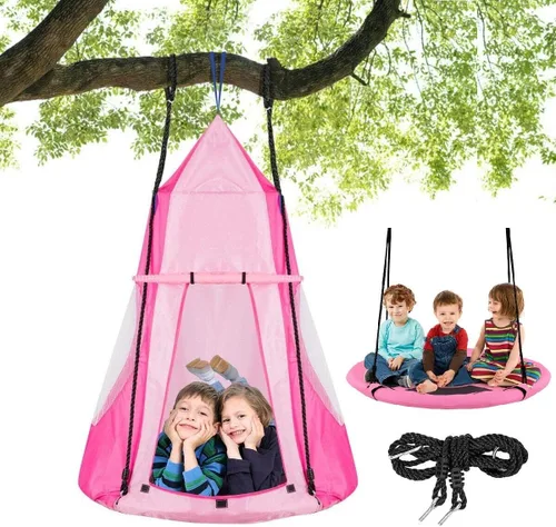 Vista 10 de Costzon Juego de silla colgante desmontable para niños 2 en 1 con tienda de campaña, asiento de columpio tipo nido para niños y niñas, columpio