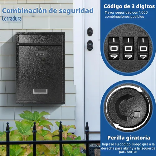 Vista 5 de KYODOLED Buzón de pared con bloqueo, buzón con cerradura de combinación para exterior, caja de seguridad para llaves de efectivo con código