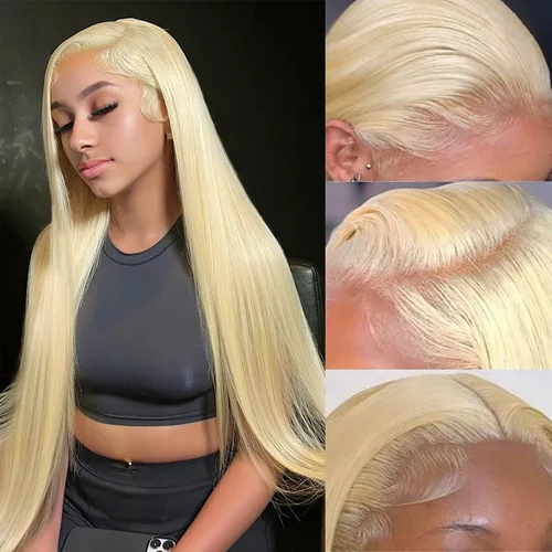 Vista 9 de Myecool Peluca de cabello humano con encaje frontal 613 de 26 pulgadas, 13 x 5, lacio, 613 HD, encaje frontal, cabello humano prearrancado, nudos