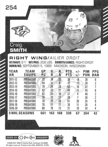 Vista 2 de 2020-21 O-Pee-Chee #254 Craig Smith Nashville Predators Hockey Card