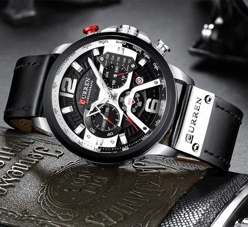 Vista 4 de Reloj de pulsera analógico de cuarzo para hombre, cronógrafo, impermeable, correa de cuero, correa de cuero, reloj de pulsera