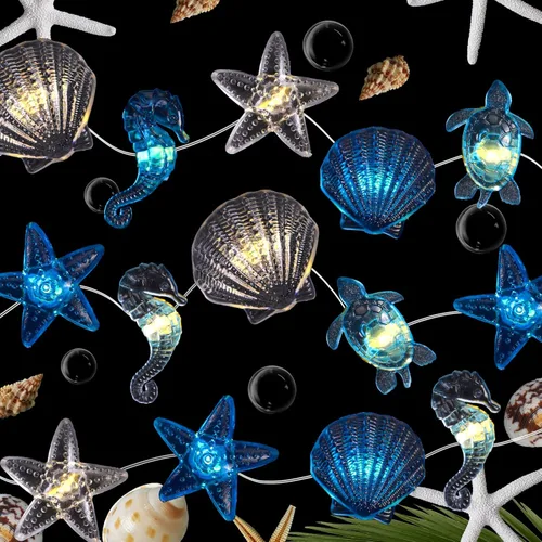 Vista 6 de Zhanmai 2 piezas de luces de cadena para decoración marina temática náutica de conchas y caballitos de mar para dormitorio, 10 pies, 30 luces LED