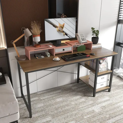 Vista 5 de WESTREE Elevador de computadora doble de 3 estantes con cajón, longitud y ángulo ajustables, organizador de almacenamiento de escritorio para 2