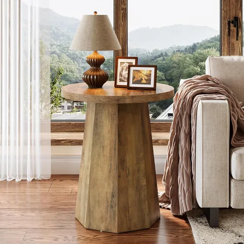 Vista 10 de Tribesigns Mesa Auxiliar Redonda de Estilo Rústico, Mesa Lateral de Madera para Sofá con Base Octagonal, Mesita de Noche Negra con Pedestal, Mueble