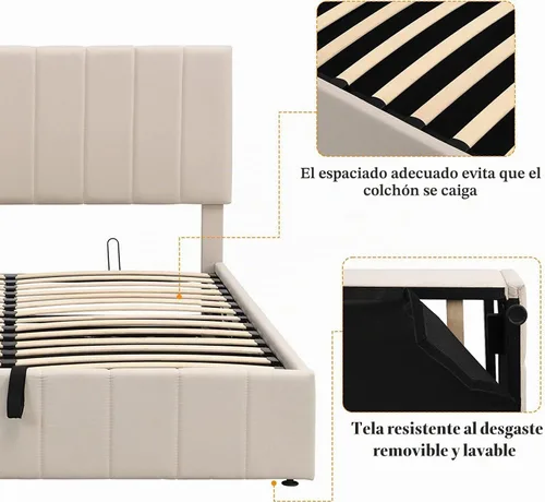 Vista 8 de Harper & Bright Designs Cama de plataforma tapizada tamaño Queen con cabecero con respaldo de alas y soporte de listones de madera, color beige