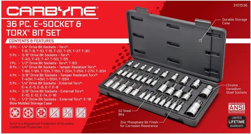 Vista 3 de CARBYNE Juego de dados Torx de 36 piezas y dados E-Torx, T8 a T60, Torx de seguridad resistente a manipulaciones TT8 a TT55, E4 externo a E18