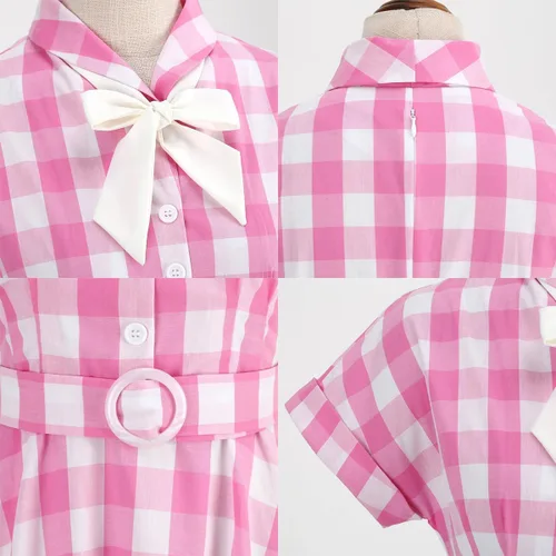 Vista 6 de AWIBMK Vestido de cuadros rosa vintage para mujer, de los años 50, 50, a cuadros, Halloween, cosplay, cintura imperio, vestidos de té