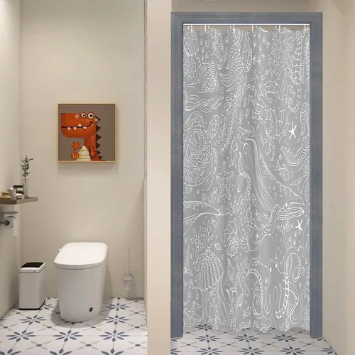 Vista 3 de Juego de cortina de ducha de tela con 6 ganchos, 36 x 72 pulgadas, poliéster lavable a máquina, gris y blanco