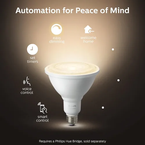 Vista 3 de Philips Hue - Bombillas LED inteligentes blancas para exteriores PAR38 de 13 W, requiere hub, 2 bombillas LED PAR38 blancas, funciona con Alexa