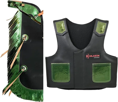 Vista 11 de HILASON Chaleco protector de cuero para equitación de toro juvenil, Chaparreras cortas para montar en toro negro con púrpura Chaparreras