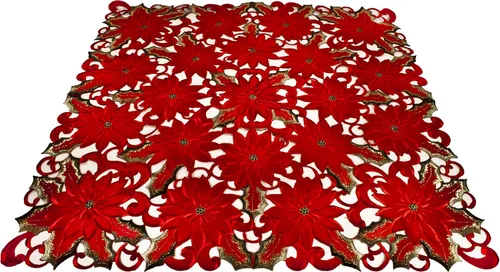 Vista 3 de Linens, Art and Things Mantel cuadrado pequeño bordado con diseño de flores de pascua rojas, diseño de flores de pascua rojas, hojas verdes, 33