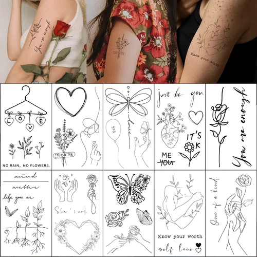 Vista 6 de Tatuajes temporales de flores realistas, 10 piezas pequeñas extraíbles de hojas botánicas para mujeres