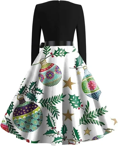 Vista 2 de Women's Christmas Tree Dress Casual Fashion Print Vintage Long Sleeve Dress, S-2XL