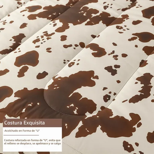 Vista 4 de PERFEMET Juego de ropa de cama con estampado de vaca marrón y beige, juego de edredón de 3 piezas de piel de vaca de dibujos animados para niños