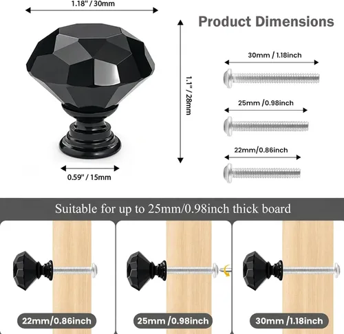 Vista 2 de 6 pomos de cristal de cristal de 1.18 pulgadas para cajones, pomos negros en forma de diamante, manijas con tornillos para cocina, baño, tocador