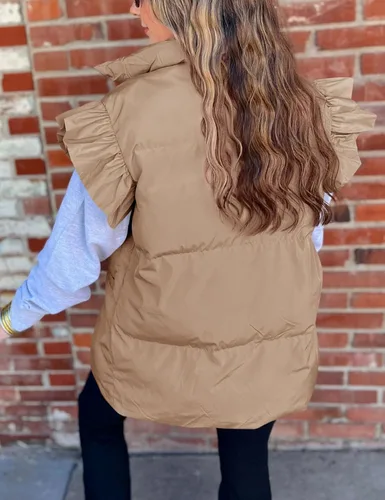 Vista 2 de Meyhad Chaleco acolchado de manga con volantes para mujer, chaleco acolchado sin mangas