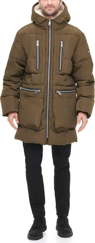 Vista 4 de Tommy Hilfiger Parka pesada acolchada con capucha Sherpa para hombre, Blanco Verde militar