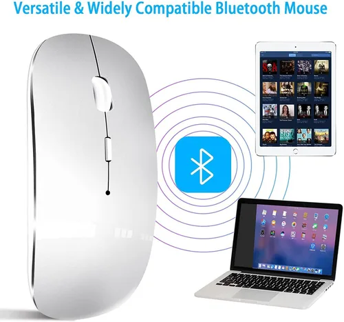 Vista 5 de Mouse inalámbrico para portátil Cpmputer, mouse Bluetooth para MacBook, color plateado Rechargeale Dual Mode (USB 2.4Ghz + Bluetooth 5.2) Ratones