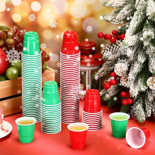 Vista 4 de Yinkin 200 vasos de chupito de plástico de Navidad a granel de 2 onzas, mini vasos de chupito desechables, mini vasos de chupito para muestras