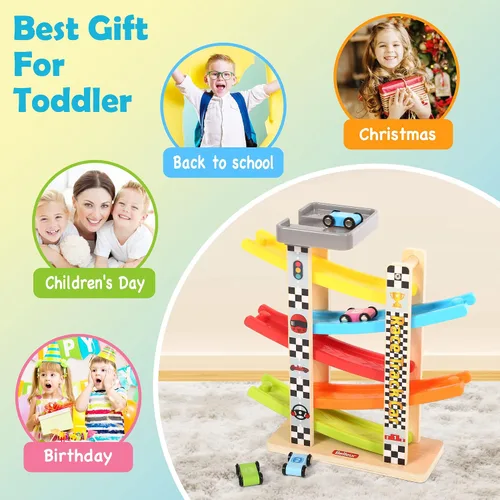 Vista 7 de Belleur - Juego Montessori para niños de 1 a 3 años, pista de carreras de coches para niños pequeños con 5 coches mini y 5 rampas, juego de juguetes
