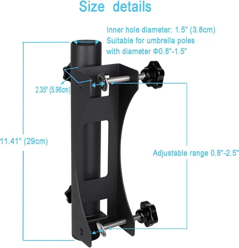 Vista 4 de Soporte resistente para sombrilla de patio al aire libre, clip fijo, abrazadera ajustable para sombrilla con perilla giratoria de mano
