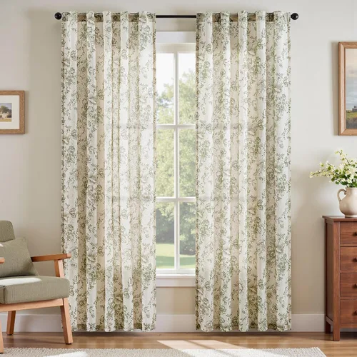 Vista 40 de Jinchan Cortinas de Mezcla de Lino con Estampado Floral para Sala de Estar, 84 Pulgadas de Largo, Cortinas con Bolsillo para Varilla y Tab Trasera