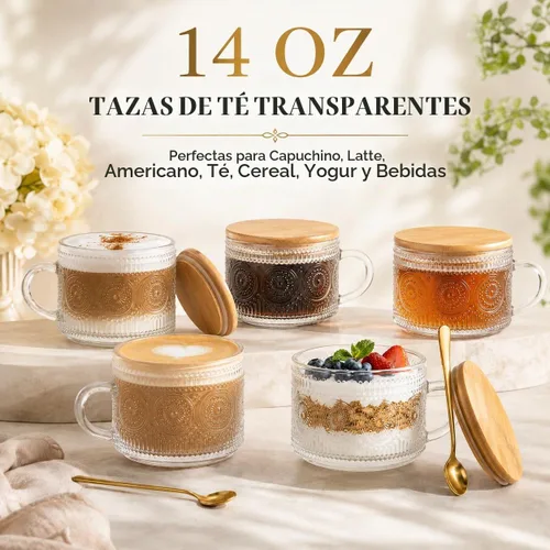Vista 4 de Semderm Juego de 2 tazas de café de vidrio vintage, recipientes para avena nocturna con tapas de bambú y cucharas - Tazas de té transparentes de 14