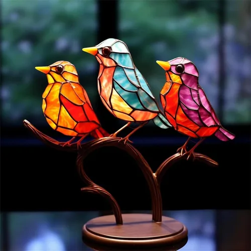 Vista 8 de 2023 Nuevos Pájaros De Metal Teñido En Rama Adornos De Escritorio, Adornos De Mesa De Pájaros De Metal Planos De Doble Cara Coloridos, Estatua De