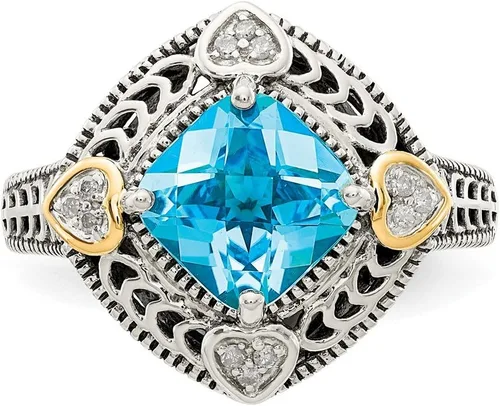 Vista 5 de Solid 925 Sterling Silver with 14k Diamond & Blue Simulated Topaz Ring (4mm)