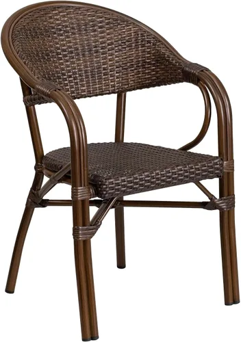 Vista 6 de Flash Furniture Milano Series - Silla de patio de ratán marrón oscuro con marco de bambú rojo y aluminio