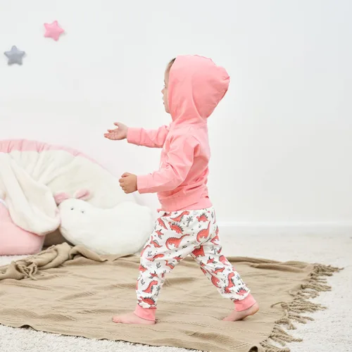 Vista 5 de Conjunto de ropa para bebé niña de 3 piezas, manga larga, sudadera con capucha, camisa, pantalones de dinosaurio, diadema