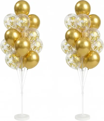 Vista 13 de HIINS - Juego de 2 columnas de globos de oro negro de 10 pulgadas con base y poste, decoración de fondo para fiesta