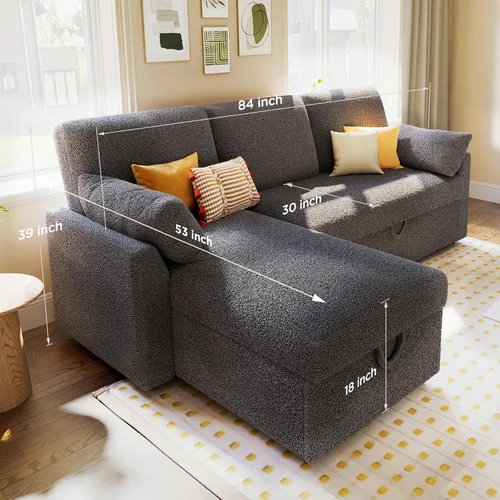Vista 2 de PaPaJet Sofá Cama, Sofá Cama con Chaise de Almacenamiento, Sofá en Forma de L con Cama Extraíble, Sofás de Gran Tamaño para Sala de Estar - Boucle