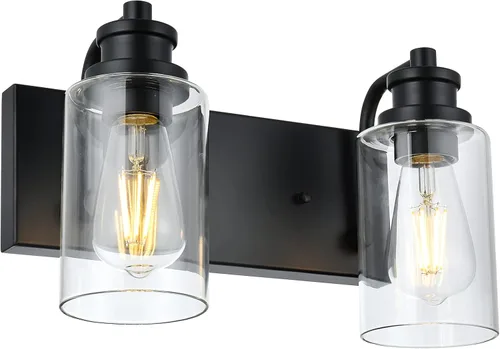 Vista 8 de Lámpara de baño vintage de 3 cabezales en acabado negro mate, pantalla de vidrio transparente clásica, iluminación de baño sobre espejo, lámpara
