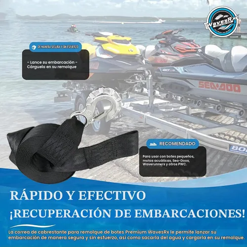 Vista 4 de WavesRx Correa de cabrestante de remolque de jet ski de 2"x12' con gancho de acero inoxidable y lazo de remolque de proa de conexión rápida Correa