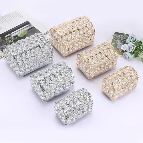 Vista 4 de Hipiwe Caja de joyería de cristal, caja dorada con espejo del tesoro, pequeña caja de recuerdos, vitrina decorativa para joyas, organizador