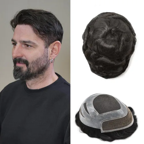 Vista 20 de Toupee - Piezas de pelo para hombres, cabello humano real, sistema de reemplazo de cabello francés, encaje francés, extensiones de cabello