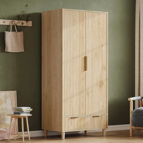 Vista 7 de VINGLI Armario Ropero Acanalado con Puertas y Cajones, Gabinete Armario con Barra para Colgar, Armario de Dormitorio de Madera de Roble, Armario
