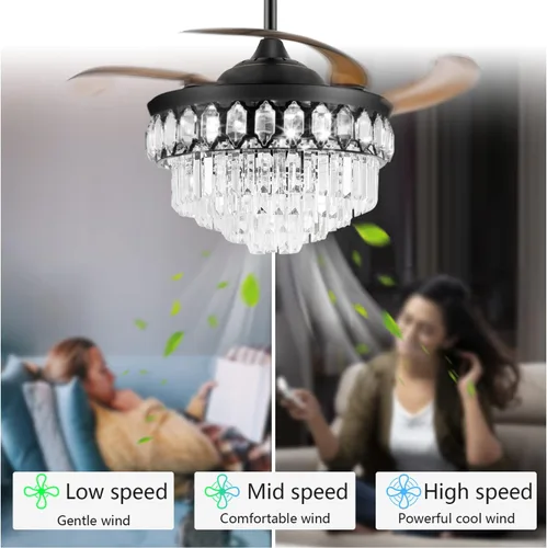 Vista 6 de Ventilador de techo de cristal de 42 pulgadas con aspas retráctiles LED con las cuchillas retráctiles de las luces LED de la lámpara teledirigida